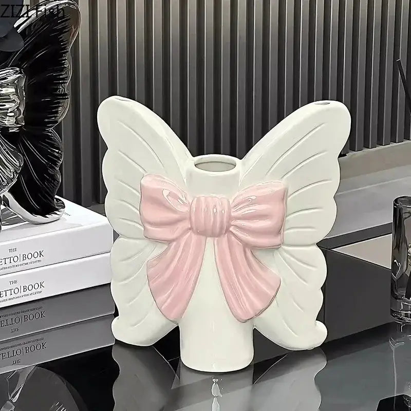 White Butterfly Ceramic Vase with Pink Bow