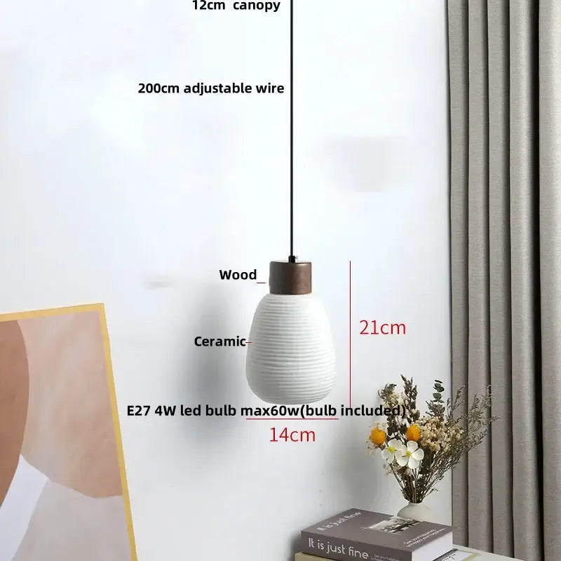 White Ceramic Wood Pendant Light Nordic Style