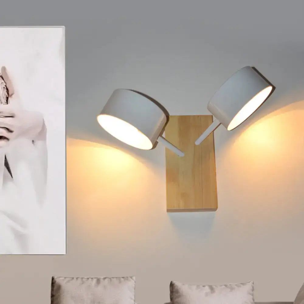 White Dual Drum Wood Wall Sconce