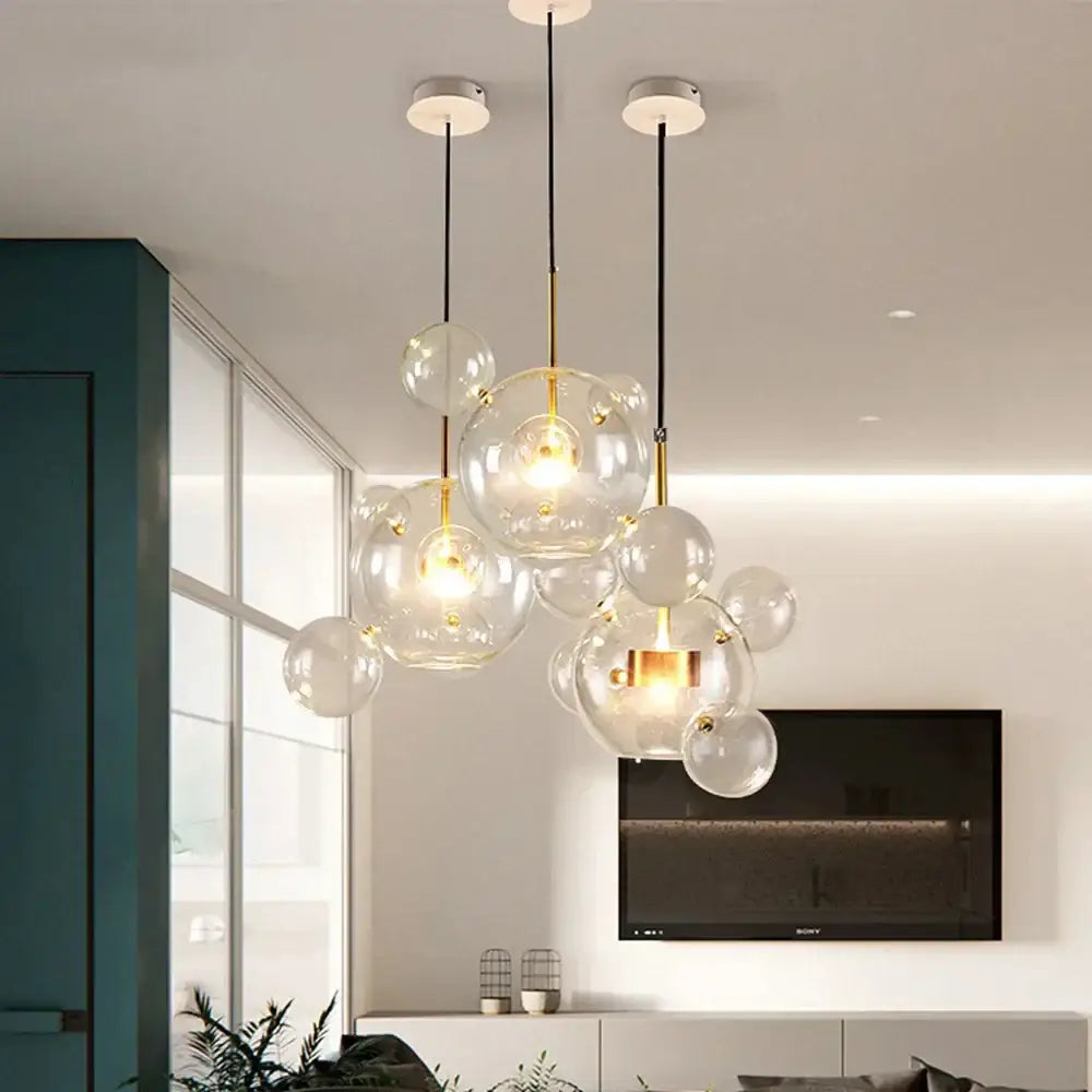 White Glass Bubble Chandelier with Copper Finish