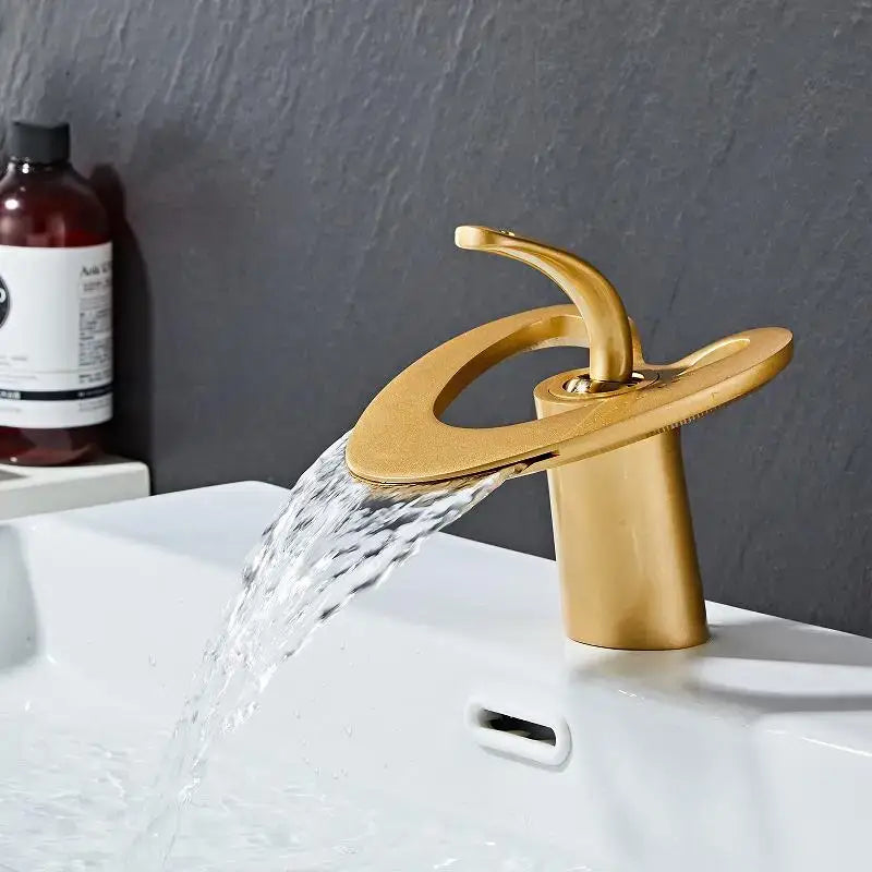 Gold Waterfall Basin Faucet White and Gold Finish