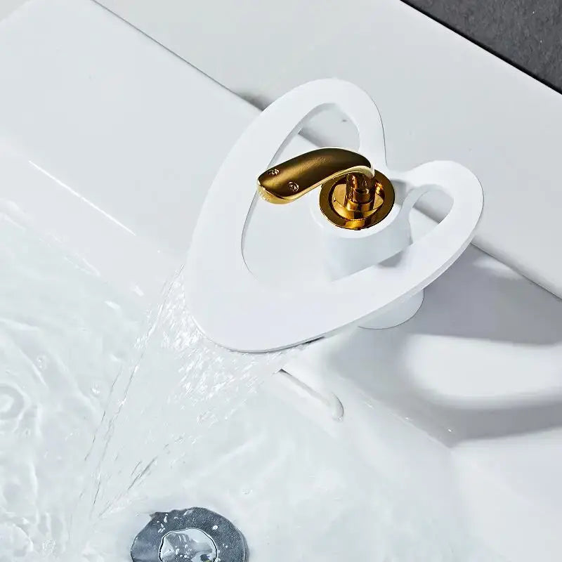 Gold Waterfall Basin Faucet White and Gold Finish