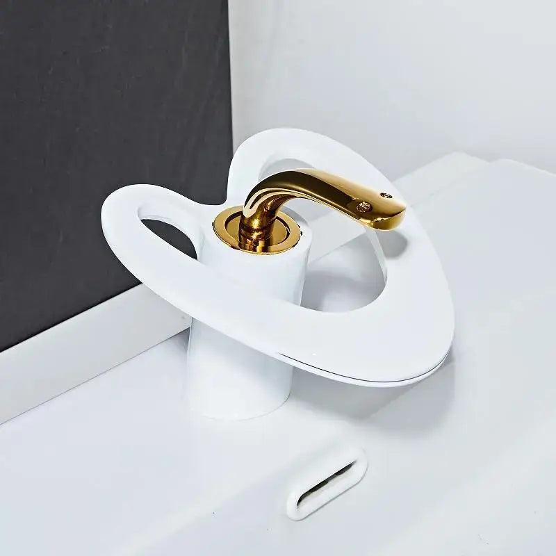 Gold Waterfall Basin Faucet White and Gold Finish