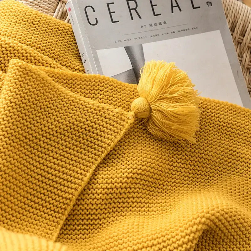 Yellow Knit Pompom Throw