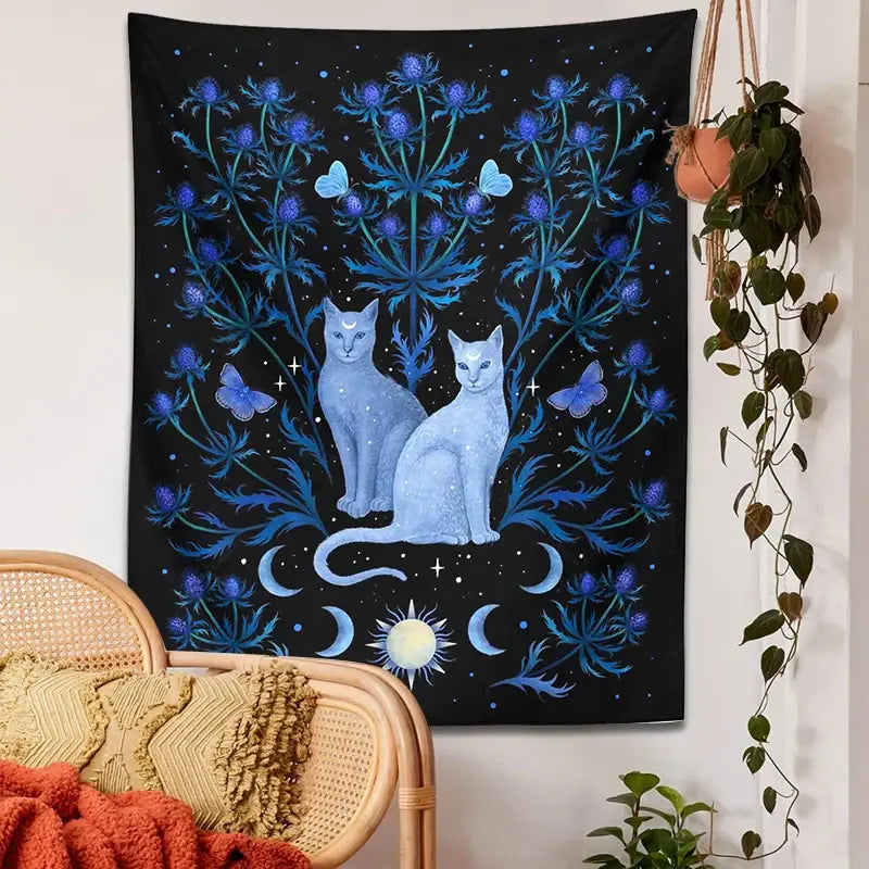 Black Blue Cat Tapestry