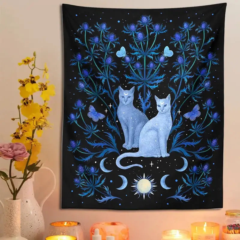 Black Blue Cat Tapestry