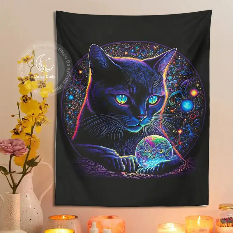 Neon Black Cat Tapestry