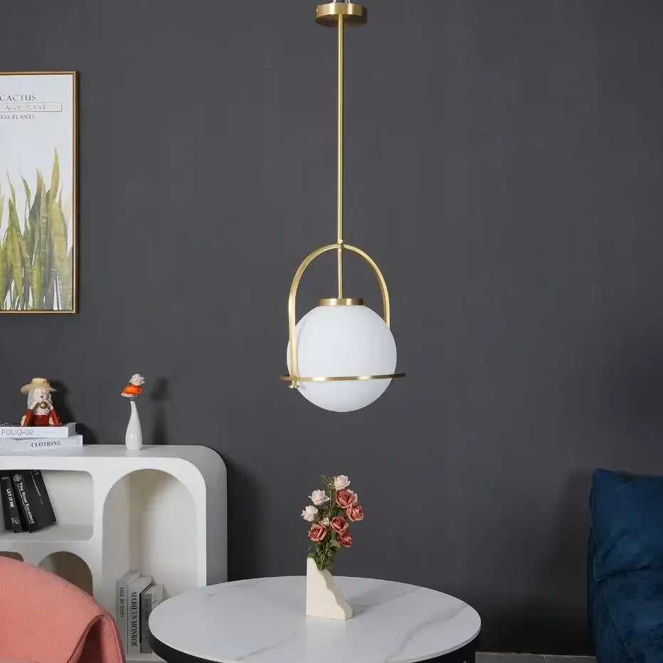 Brass Globe Pendant Light with Milky Glass Globe