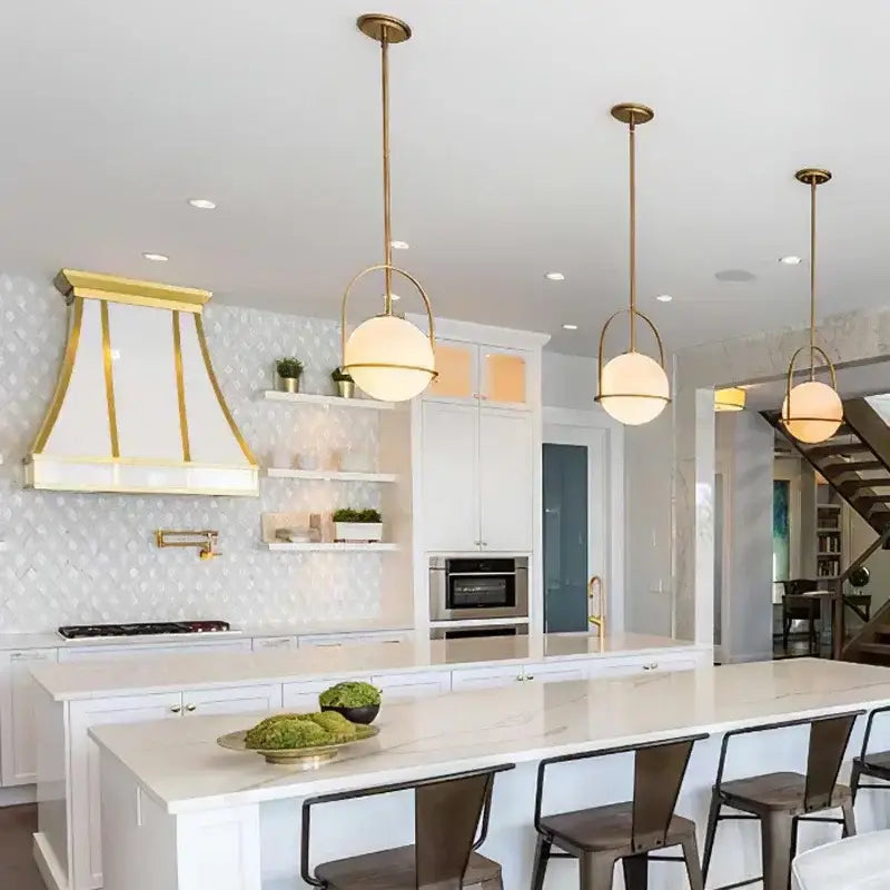 Brass Globe Pendant Light with Milky Glass Globe