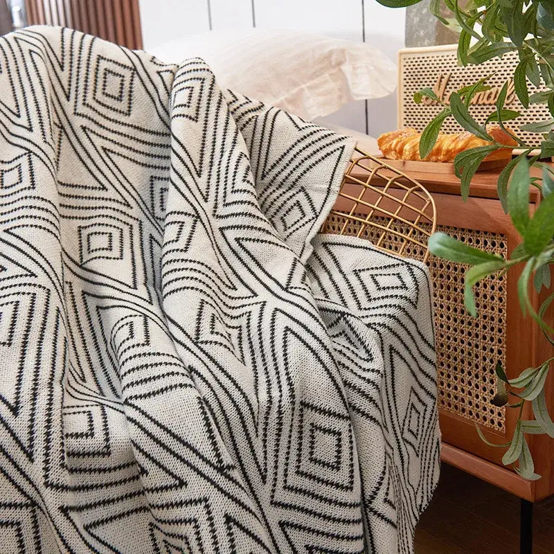 Cream Black Wool Blanket