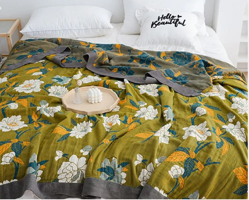 Green Floral Cotton Plaid Blanket