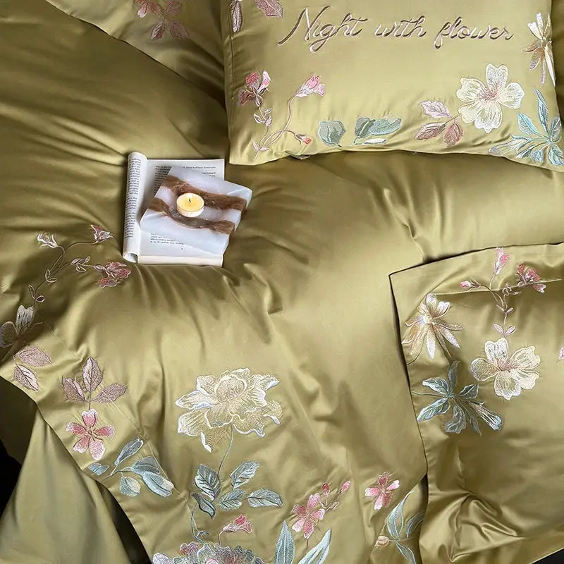 Green Embroidered Cotton Bedding