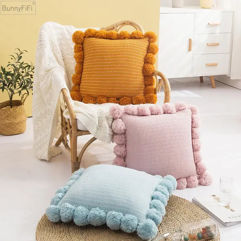 Orange Pompom Cushion Cover