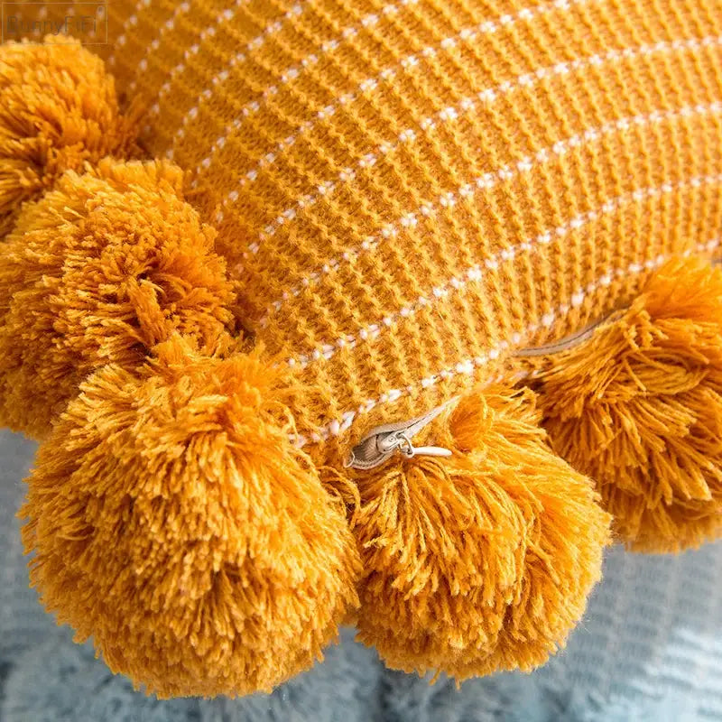 Orange Pompom Cushion Cover
