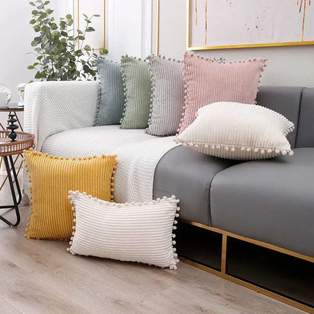 Corduroy Pompom Cushion Cover