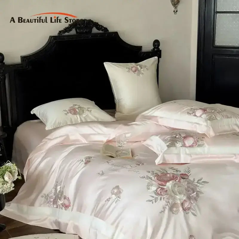 Pink Gray Embroidered Bedding