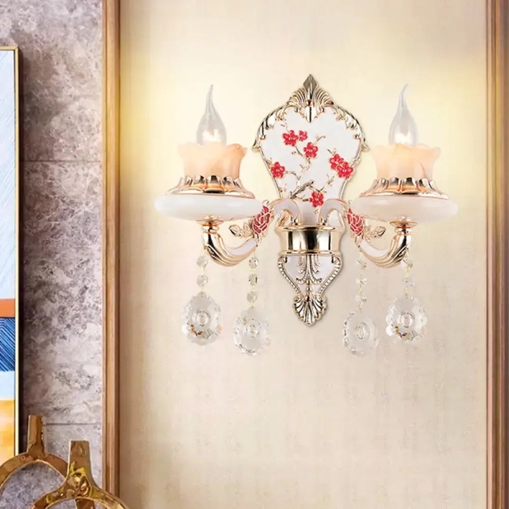 Gold Frosted Glass Floral Dual-Light Sconce