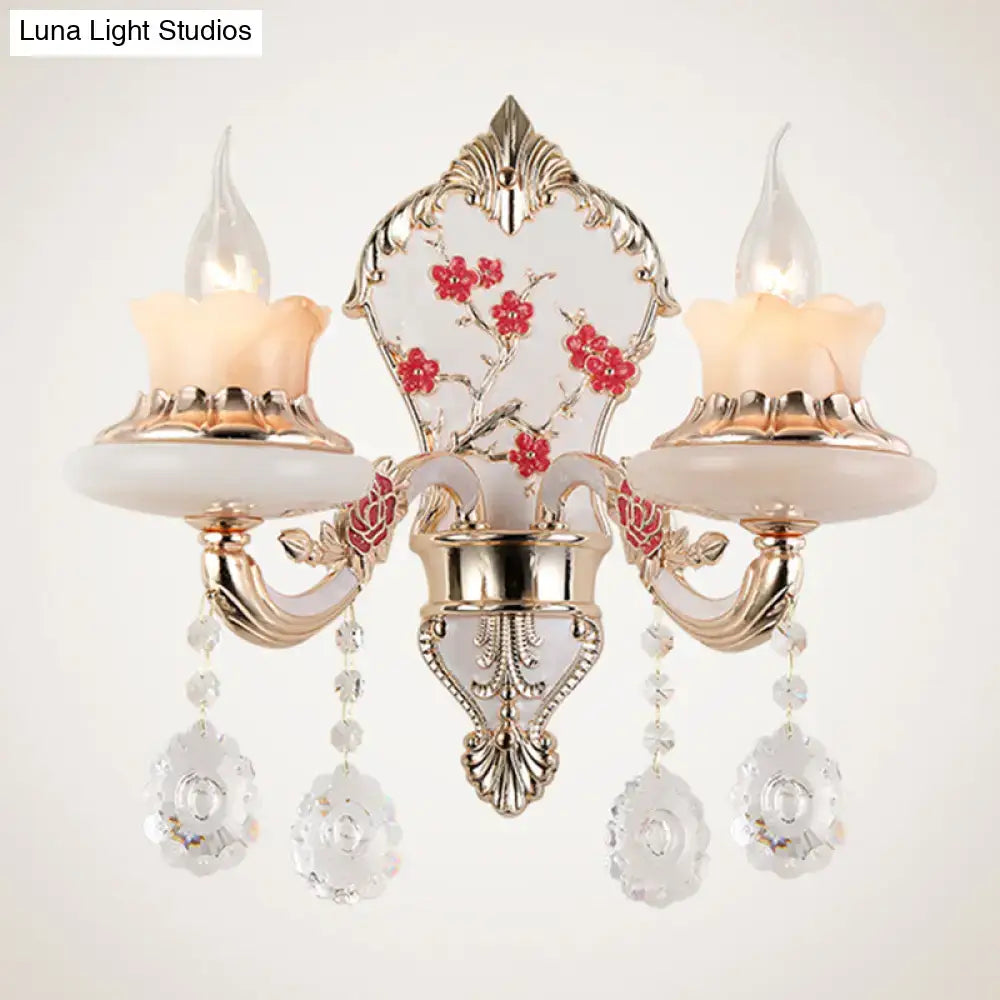Gold Frosted Glass Floral Dual-Light Sconce