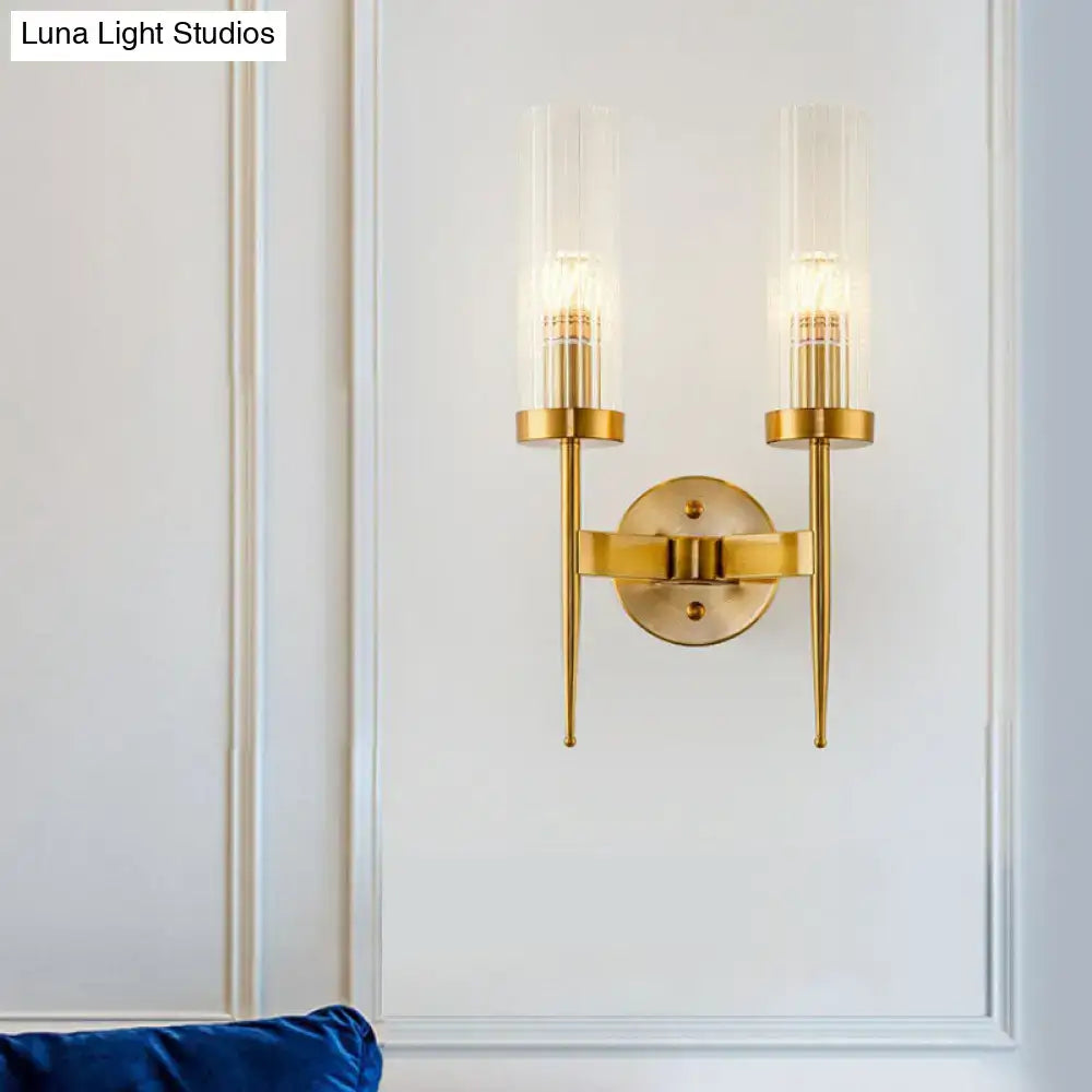 Gold Ribbed Glass Stairway Dual-Light Sconce