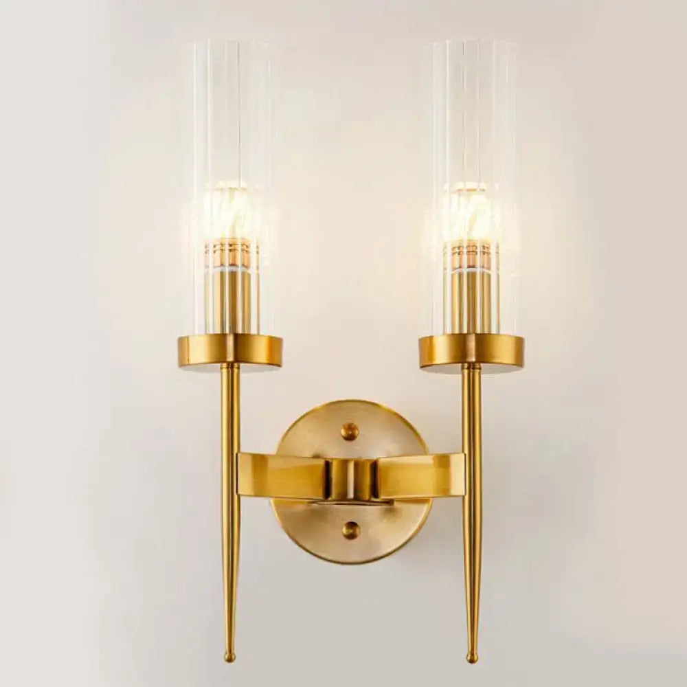 Gold Ribbed Glass Stairway Dual-Light Sconce