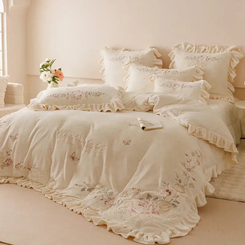 Cream Embroidered Bedding Set with Ruffles Queen