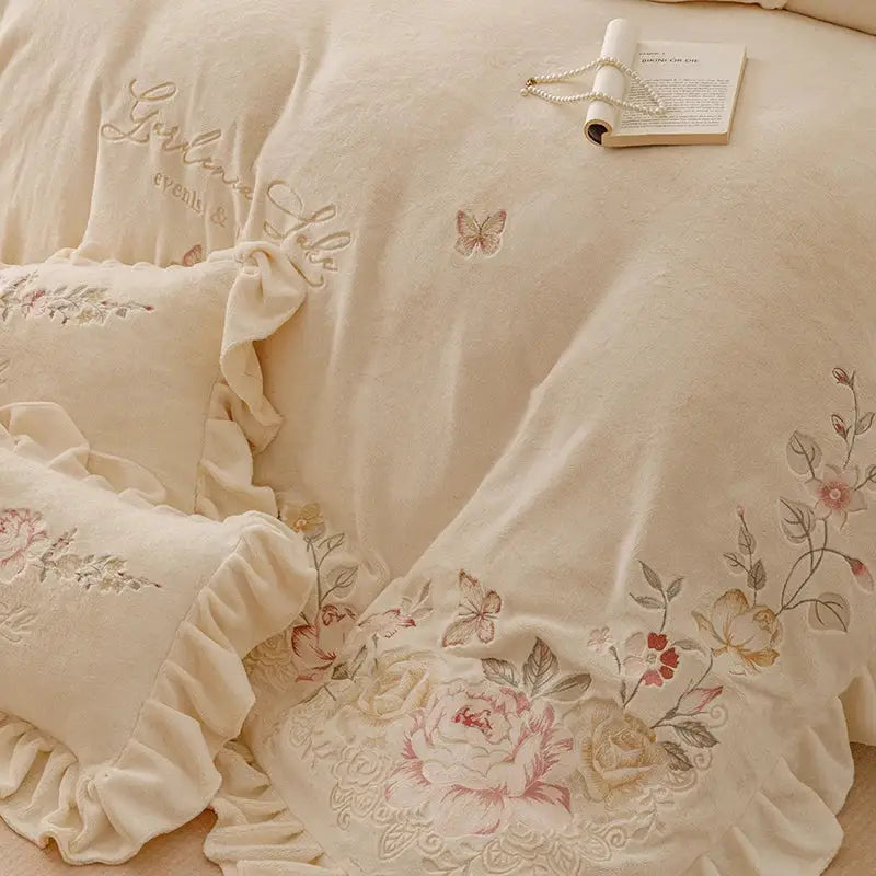 Cream Embroidered Bedding Set with Ruffles Queen