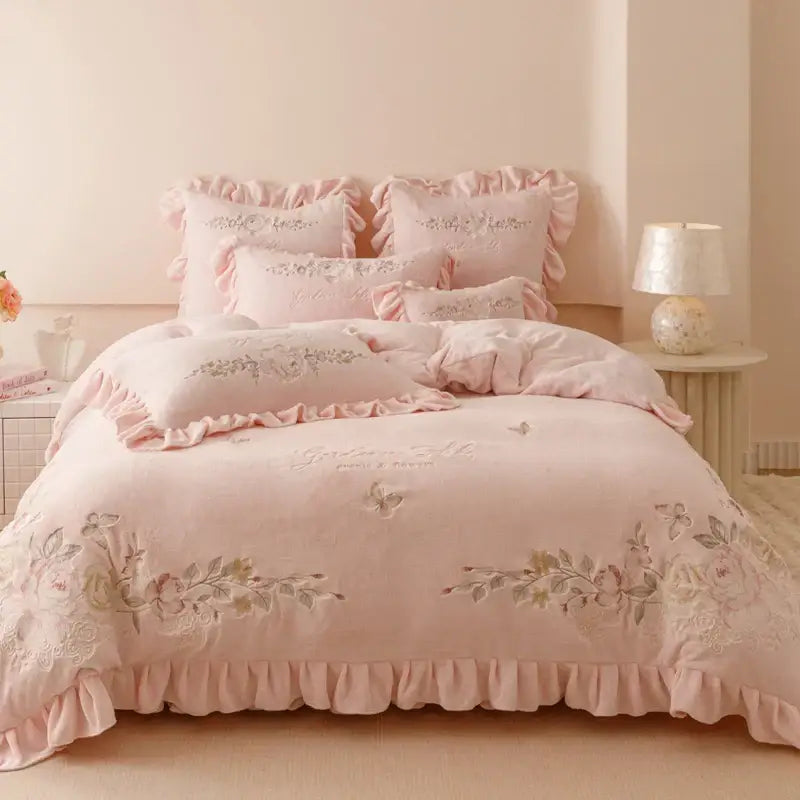 Cream Embroidered Bedding Set with Ruffles Queen