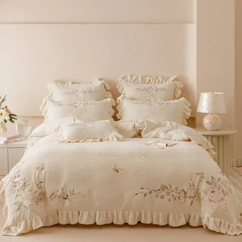 Cream Embroidered Bedding Set with Ruffles Queen