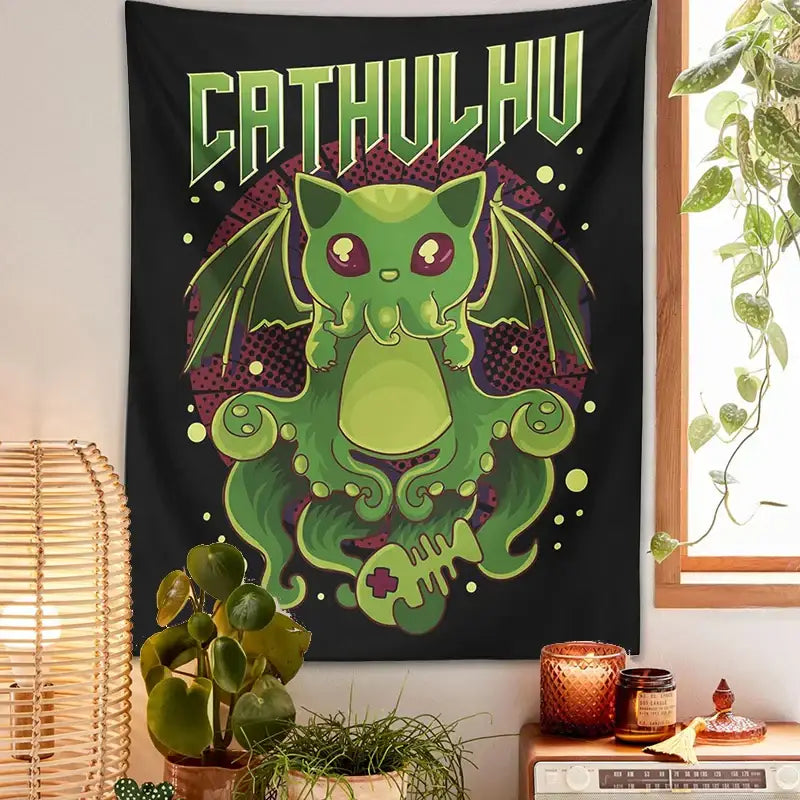 Black Green Cat Tapestry