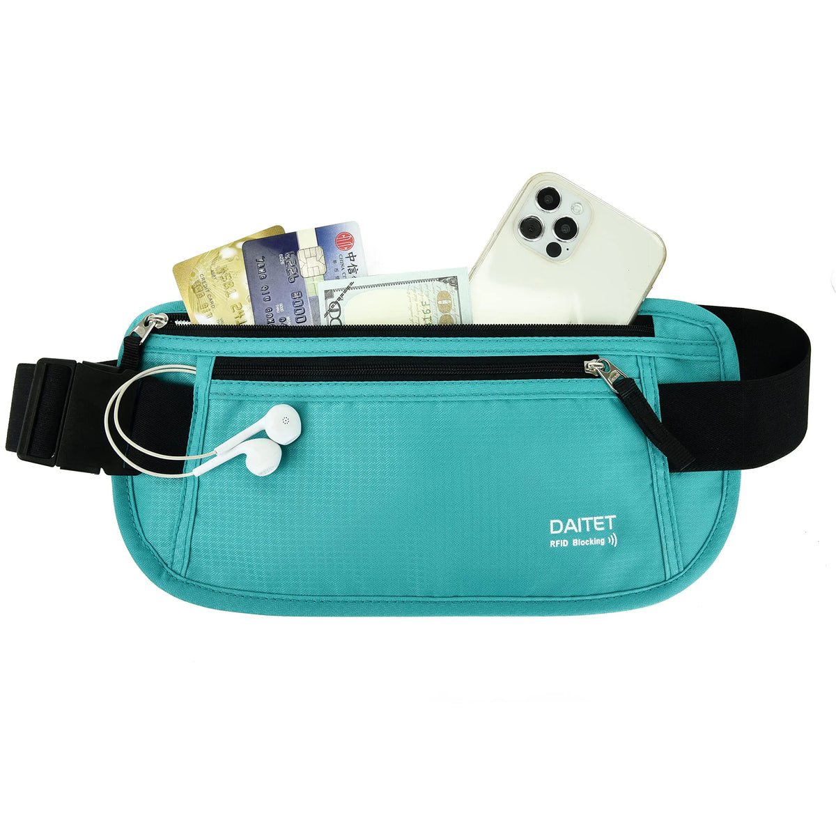 RFID Blocking Money Belt for Men Women, Slim Fanny Pack for Travel,Running,Conceal Waist Wallet for Passport Holder,Phone,Cash(Black Mint Green) Black Mint Green Rfid Blocking & Belt Wide:1.45Inch