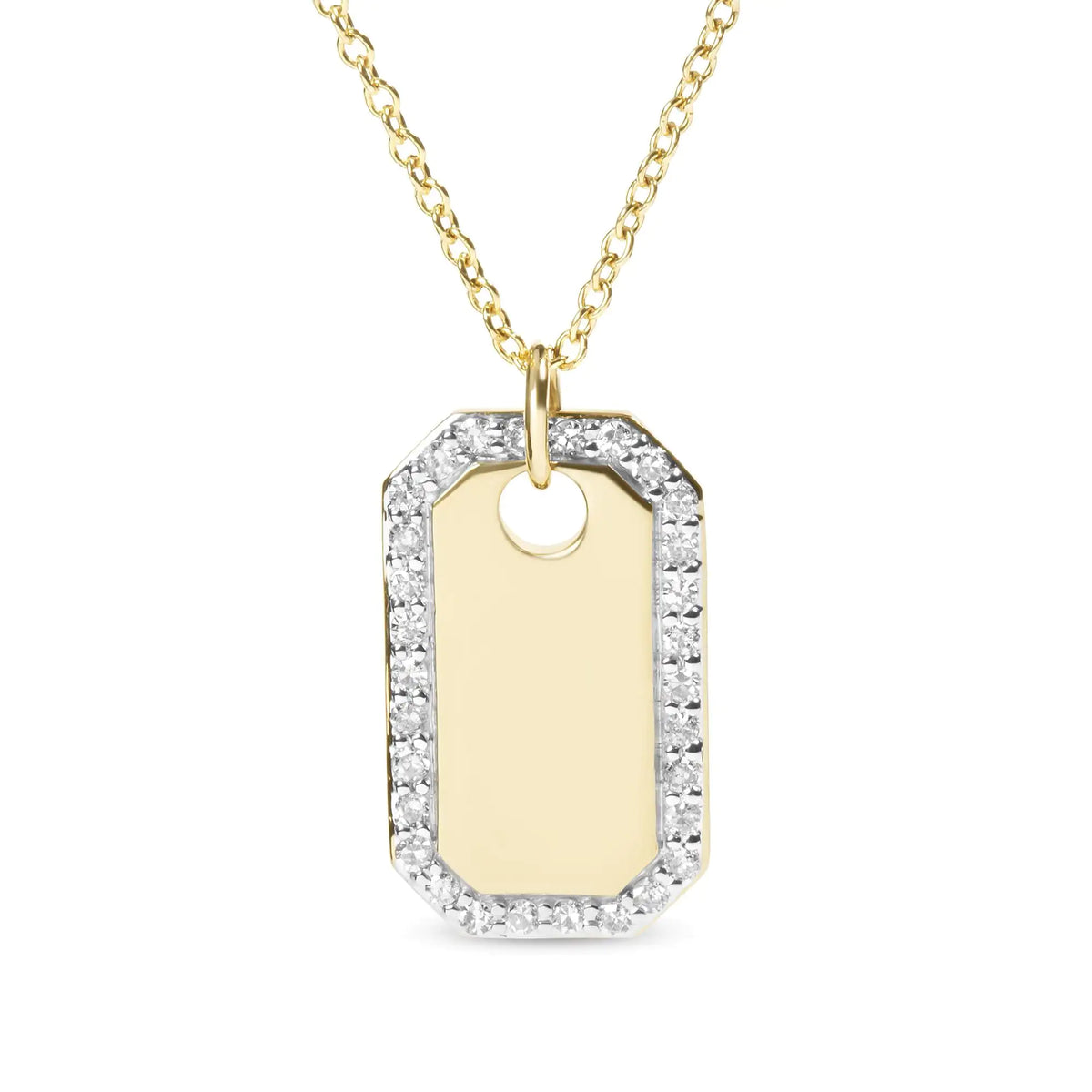 14K Yellow Gold 1/4 Cttw Diamond Halo Octagonal Dog Tag Pendant 18" Necklace (I-J Color, I2-I3 Clarity)
