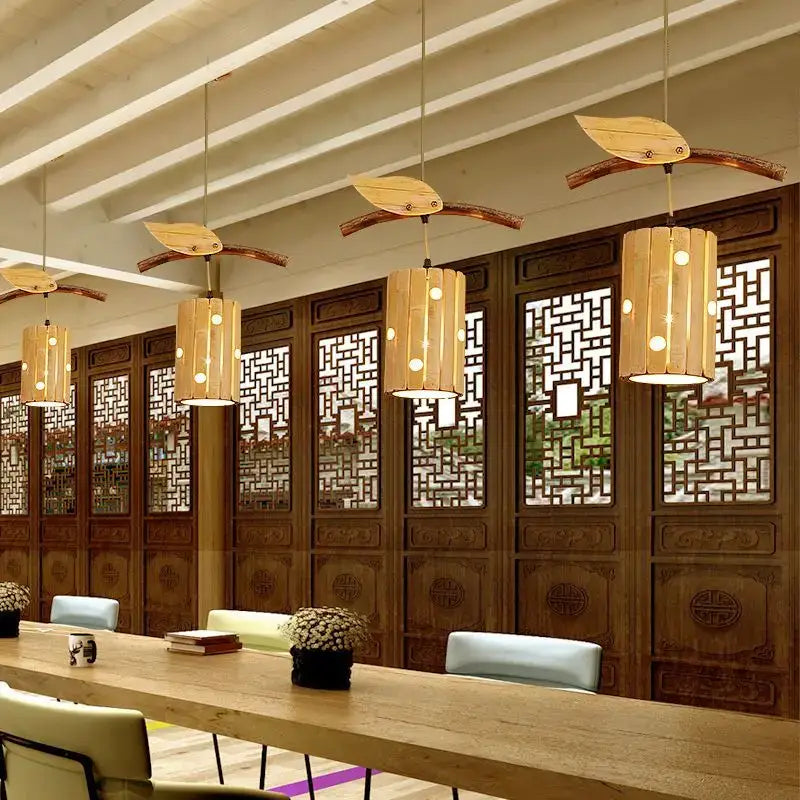 Bamboo Wood Pendant Light 2-Head Retro