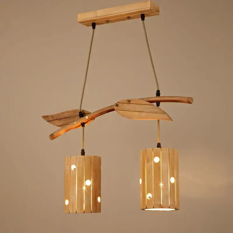 Bamboo Wood Pendant Light 2-Head Retro