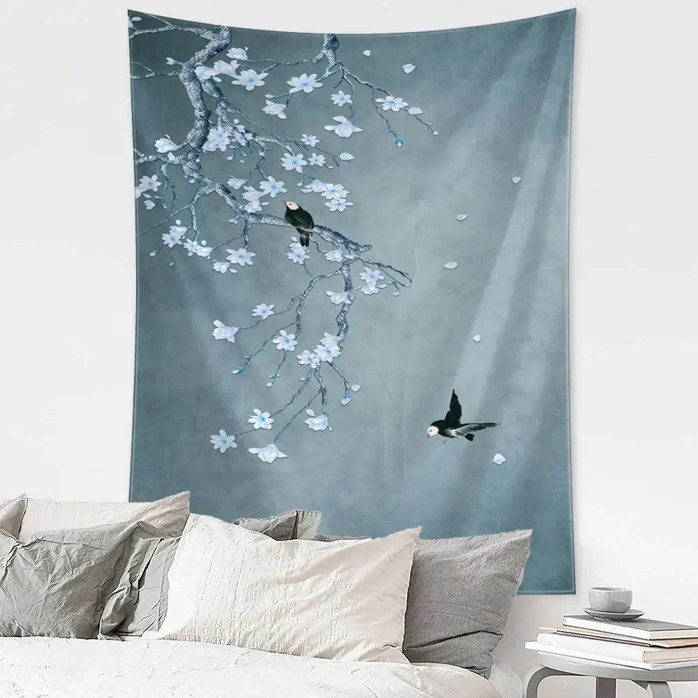 Blue Gold Crane Tapestry