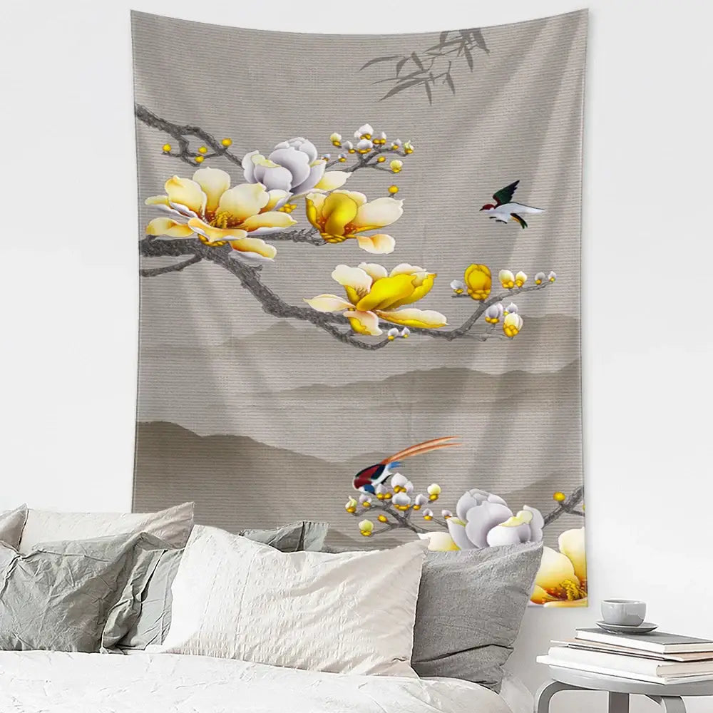 Blue Gold Crane Tapestry