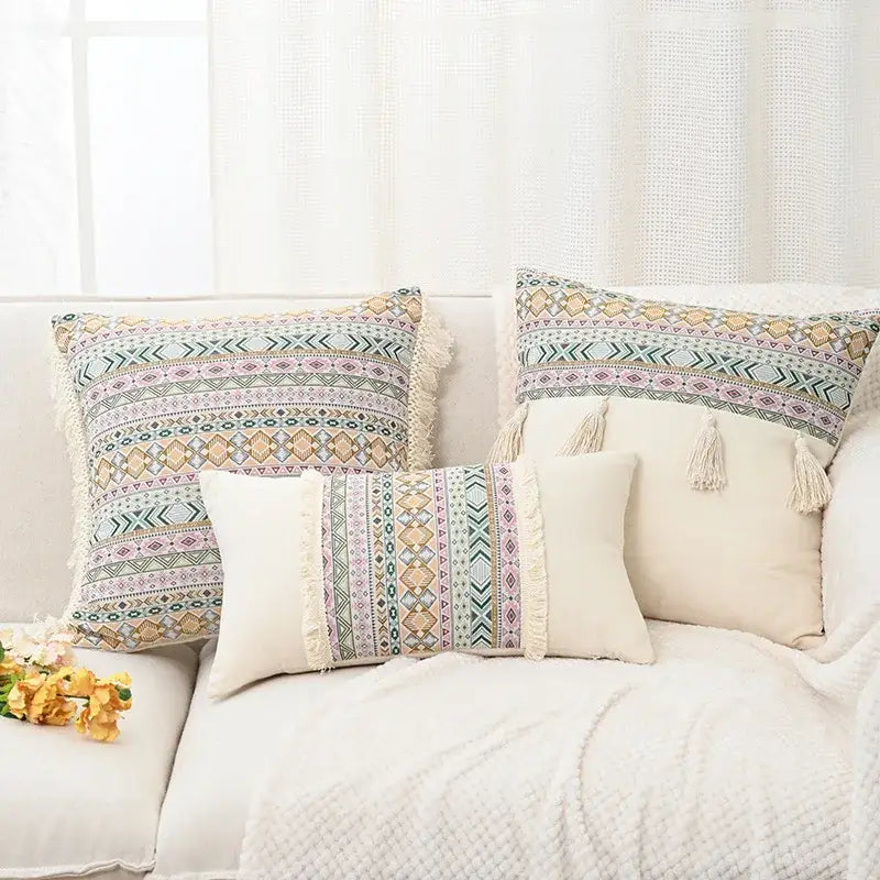 Beige Geometric Cushion Cover with Handmade Tassels