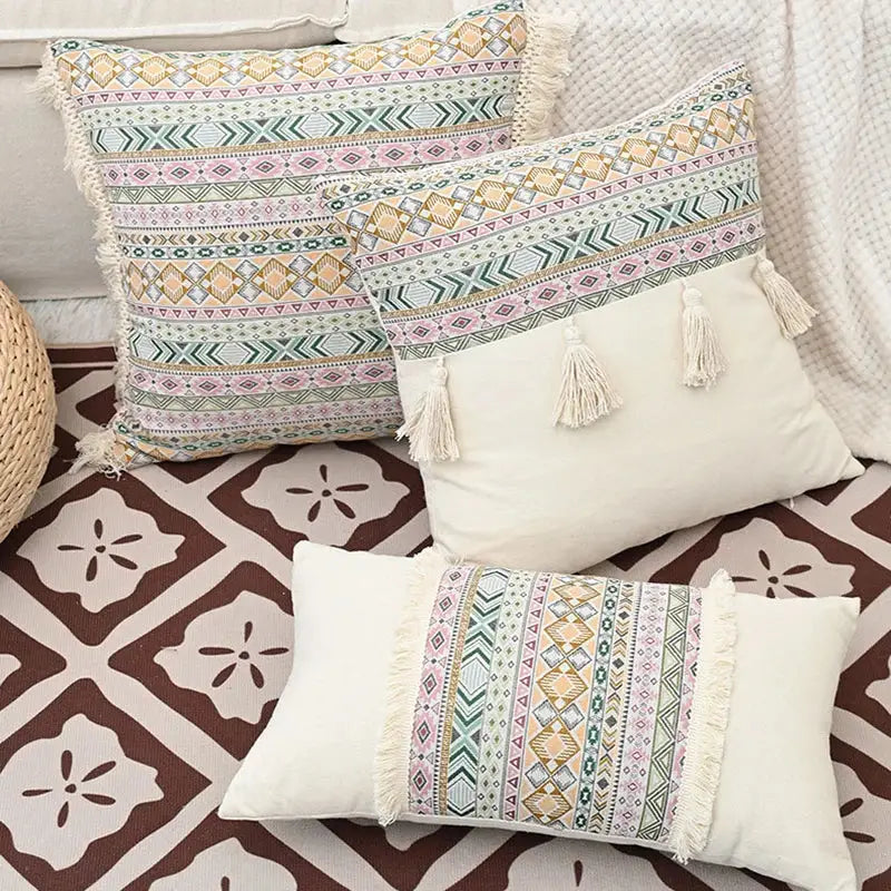 Beige Geometric Cushion Cover with Handmade Tassels