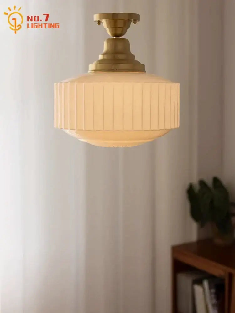 Cream Brass Pendant Light with Ribbed Glass