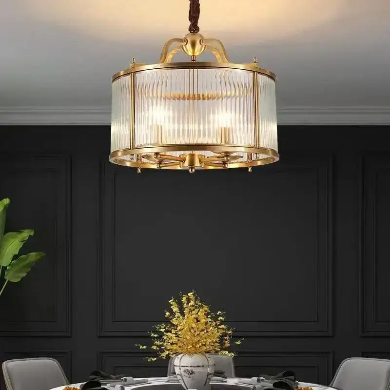 Gold Ribbed Glass Chandelier with Multiple Lights