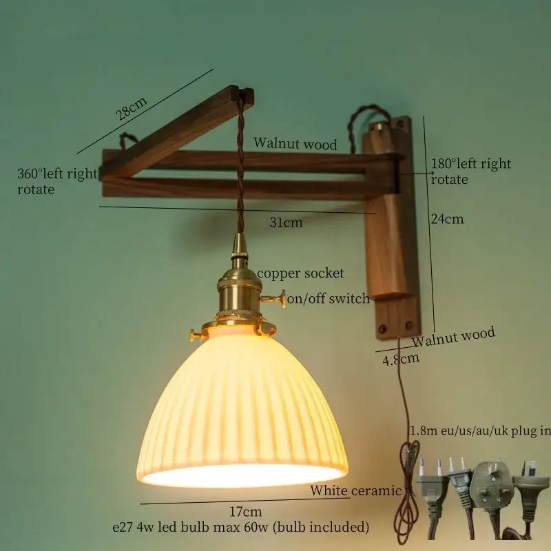 Walnut Glass Wall Sconce with Ribbed Shade