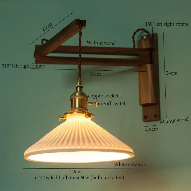 Walnut Glass Wall Sconce with Ribbed Shade