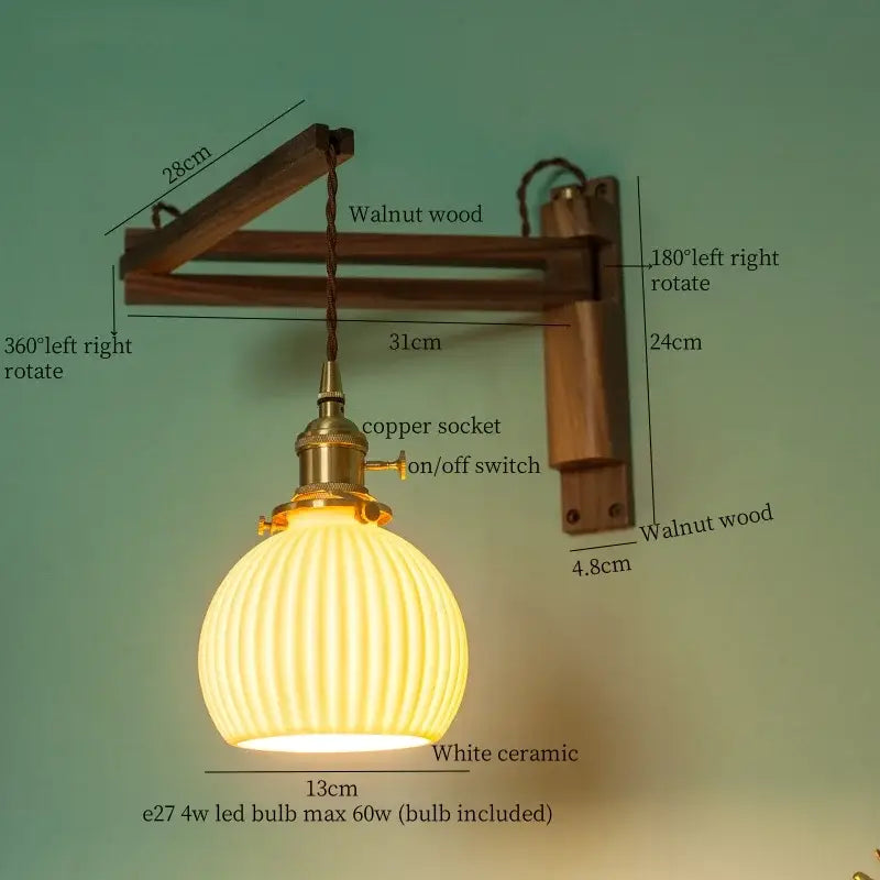 Walnut Glass Wall Sconce with Ribbed Shade