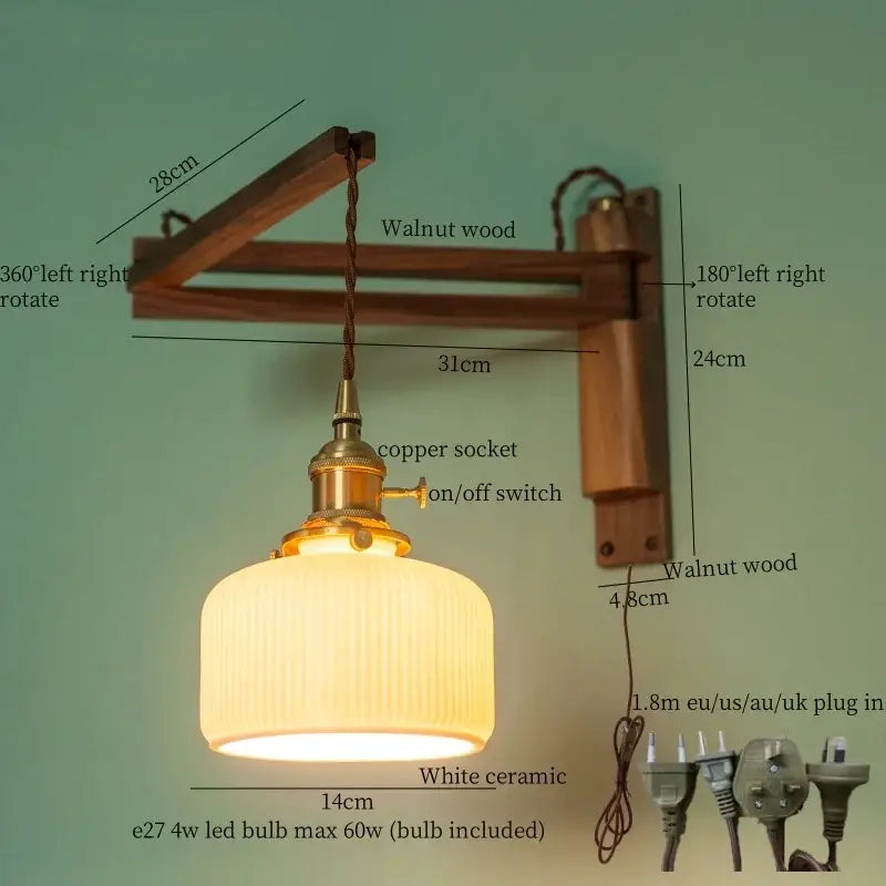 Walnut Glass Wall Sconce with Ribbed Shade