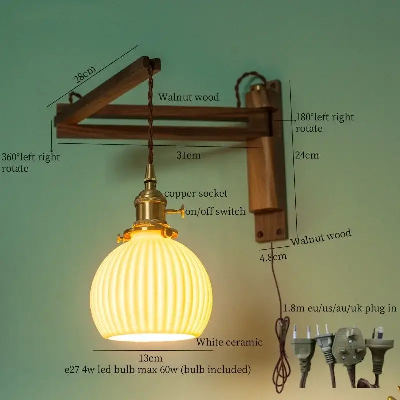 Walnut Glass Wall Sconce with Ribbed Shade
