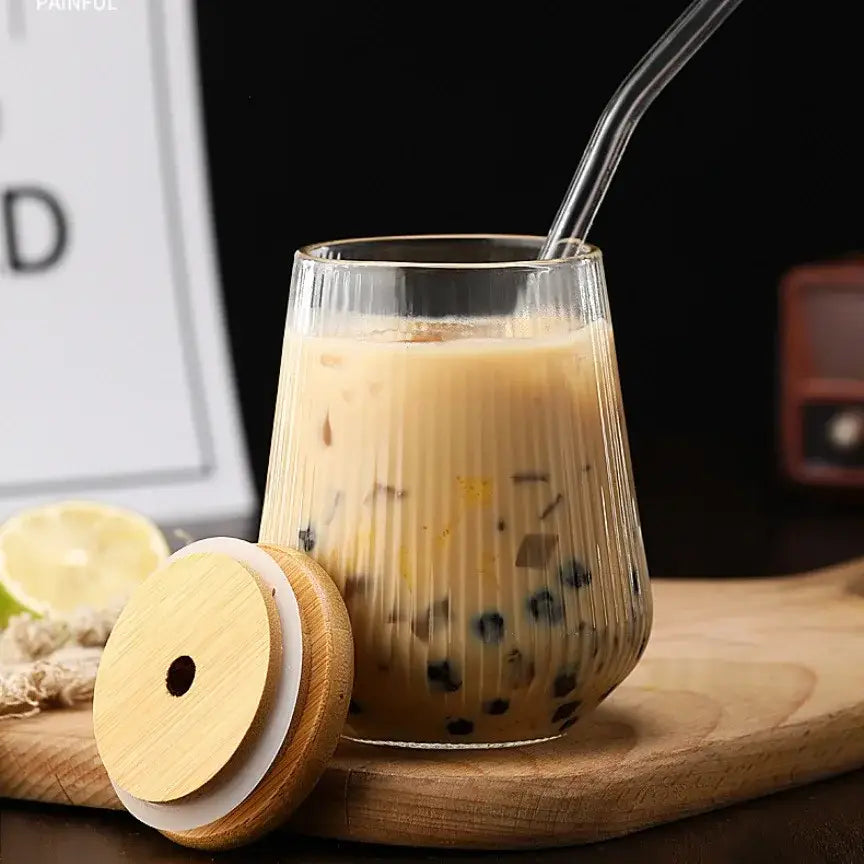Glass Bamboo Lid Cup Set