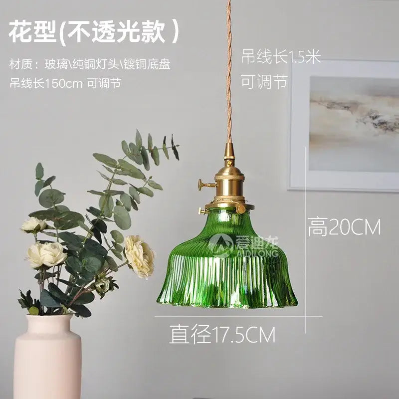Green Glass Pendant Light with Brass Hardware
