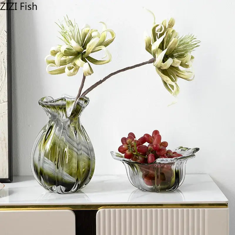 Green Glass Vase Set for Hydroponics and Flowers