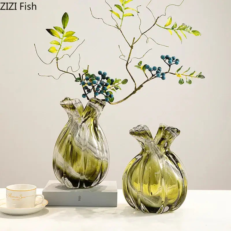 Green Glass Vase Set for Hydroponics and Flowers