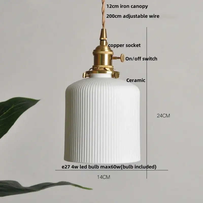 White Ceramic Pendant Light with Brass Knob Switch