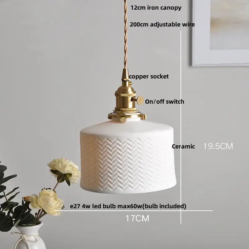 White Ceramic Pendant Light with Brass Knob Switch